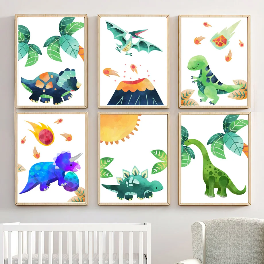 Watercolor Dinosaur Wall Art Canvas Print Cute Cartoon Dino Tropical Volcano Meteor Poster Kids Nursery Bedroom Playroom Deco