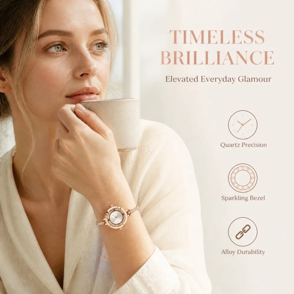 Daily Rhinestone Quartz Watches Diamond Studded Watch Strap with Adjustable Bracelet Women Wristwatch Wrist Decoration Gift