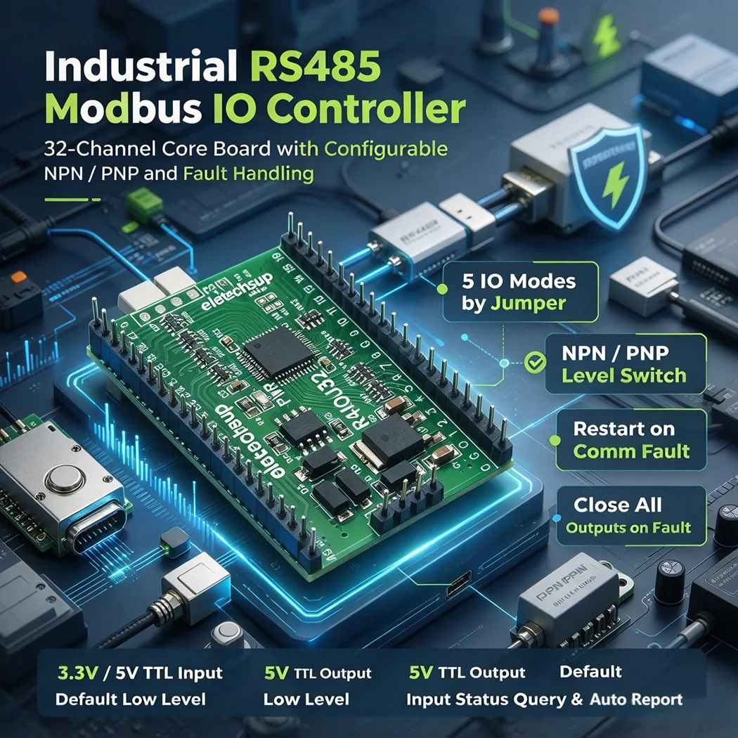 2pcs Eletechsup R4IOJ32 R4IOI16 RS485 Modbus RTU IO Board 16/32CH DI DO NPN PNP Switchable DC6-25V Anti-reverse