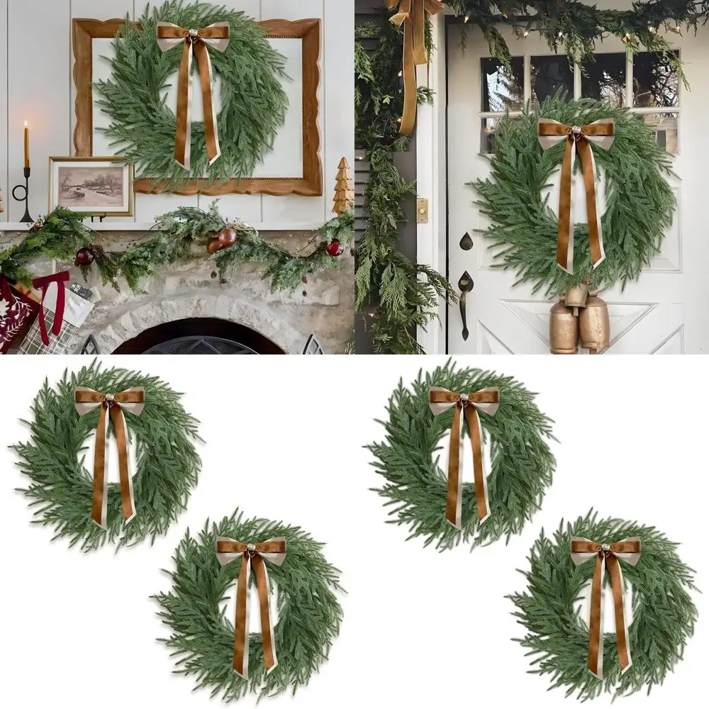 

24 Inch Christmas Wreaths, Norfolk Pine, Door Wreath with Bow, Suitable for Indoor and Outdoor, Ideal for Home and Table Wall De