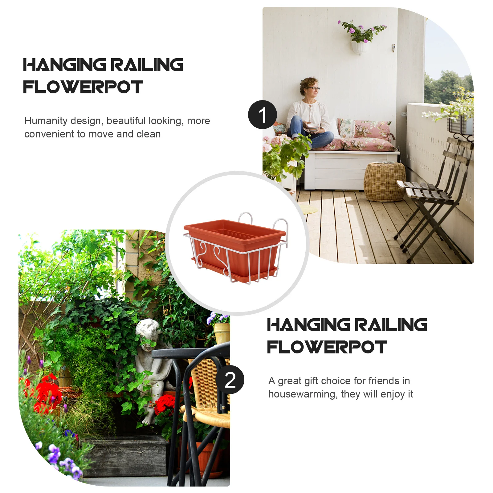 

1Set Railing Hanging Plant Pot High-Quality Material Indoor Outdoor Use Smooth Design Clean Gift Planting Flowerpot
