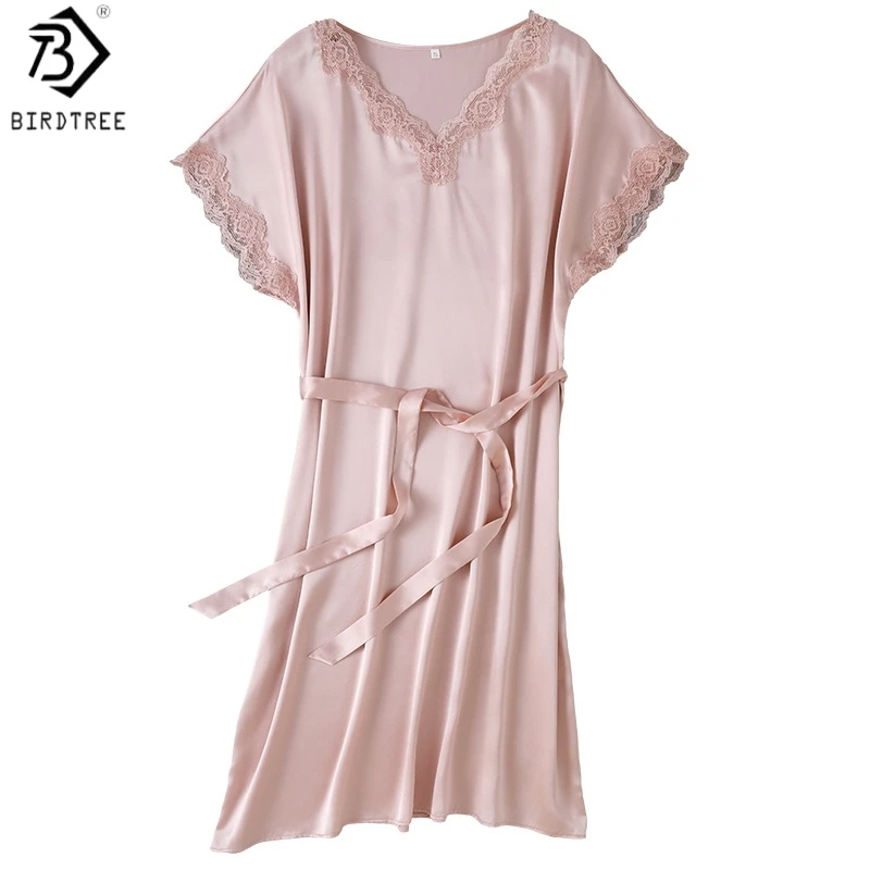 

Birdtree, 100% шелковая атласная ночная сорочка, женская пижама с V-образным вырезом, коротким рукавом и кружевом, домашнее платье, новинка весны 2026 D63923JF