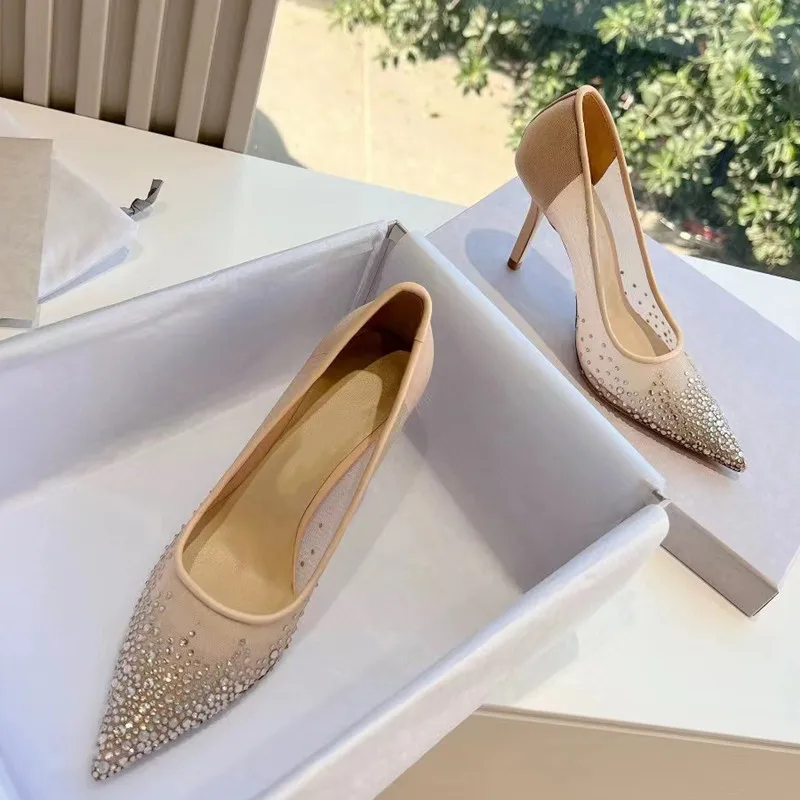 2024 Summer New Brand Fashion Sequined Mesh Women Pumps Elegant Pointed toe Rhinestones Stiletto High heels Wedding Bridal Shoes