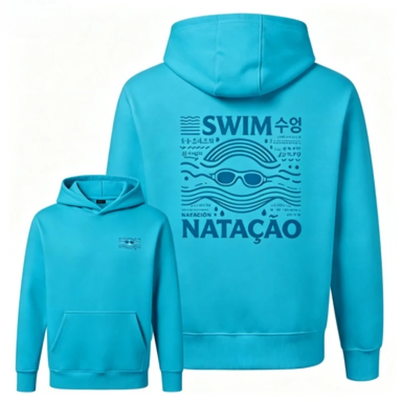 Unisex Swim Natacao Graphic Pullover Hoodie Multi Language Swimming Goggle Print Casual Hooded Sweatshirt for Men Women