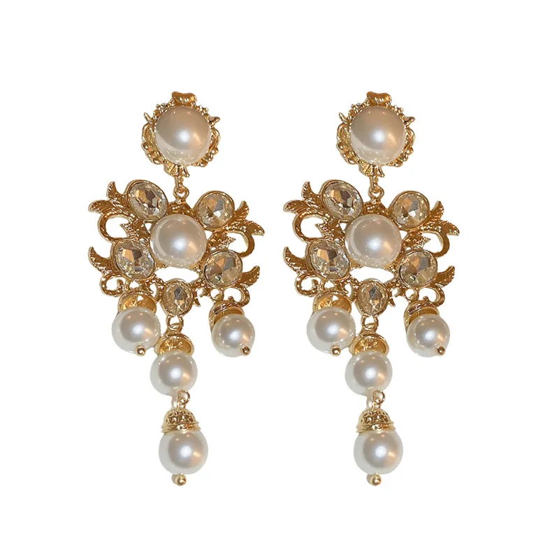 Hollow Out Rhinestone Pearl Flower Leaves Tassel Drop Earrings for Women French Medieval Palace Style Party Jewelry