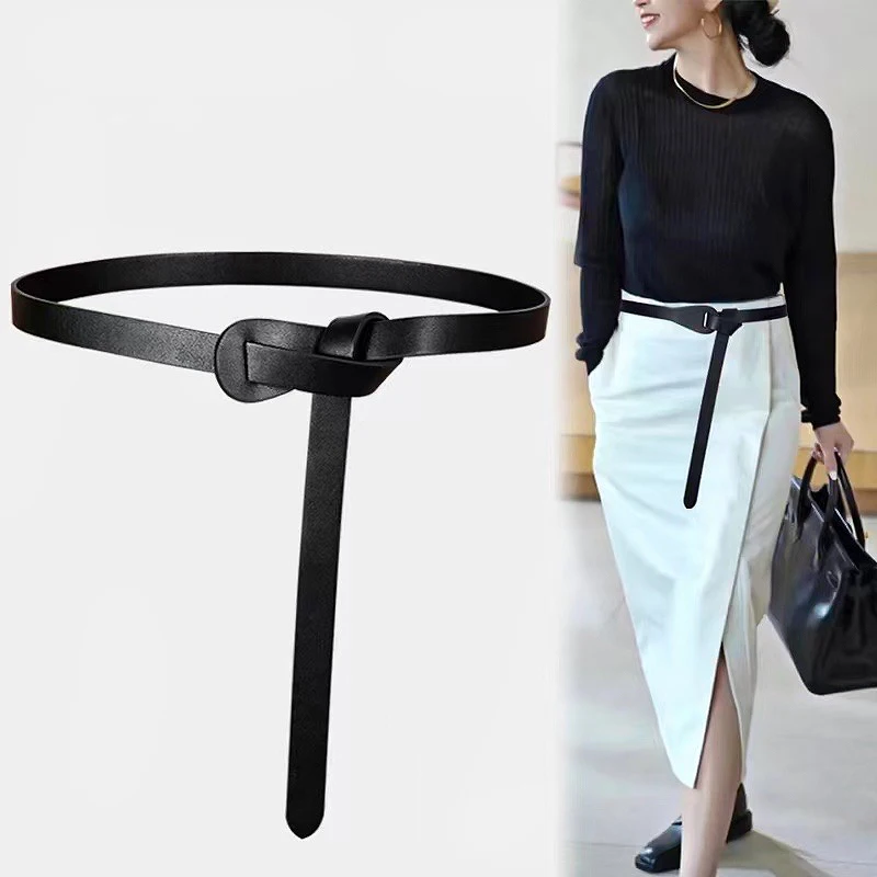 Donna-in Cowhide Thin Women Belt Knotted Buckle Waist Belts for Dresses Coat Daily Matching