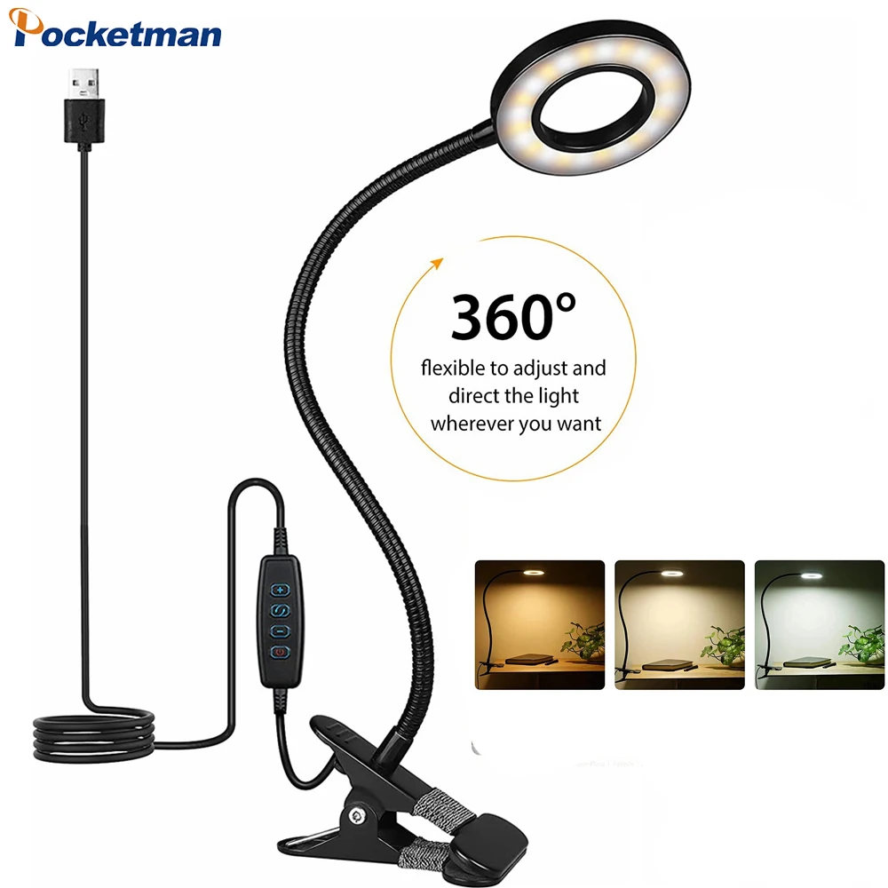 USB 3Colors Desk Lamp 48LED Clip Reading Light Adjustable Bedside Lamp Dimmable Fill Light Eye Protection Book Light