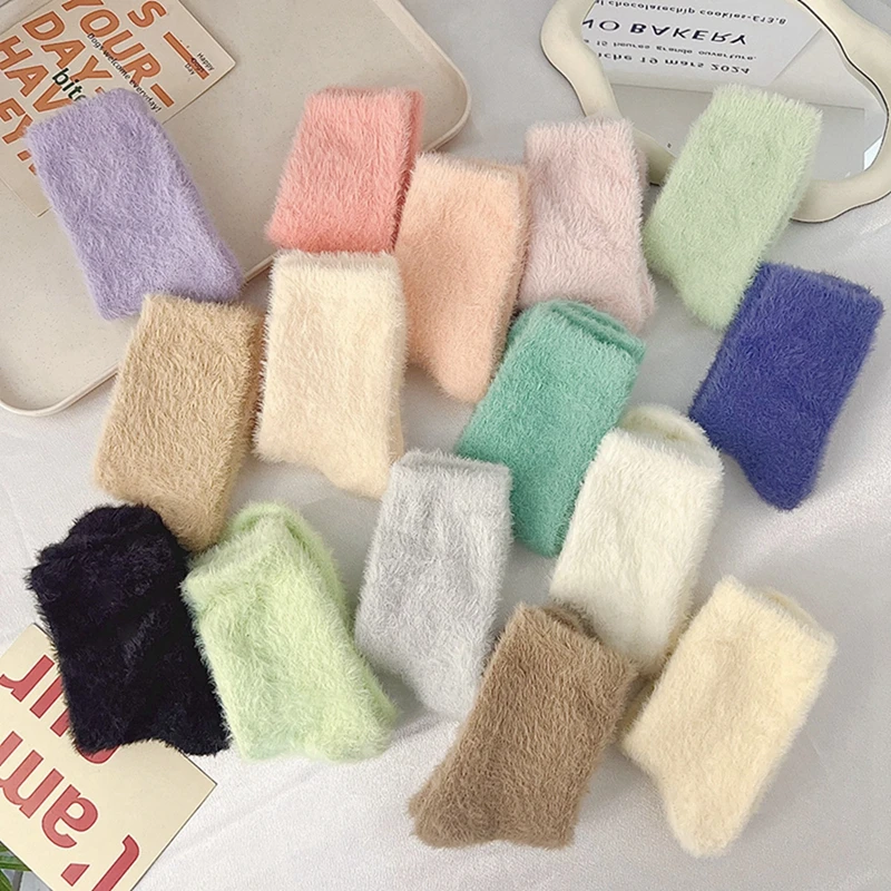 

Women's Socks Wooly Autumn Winter Dopamine Solid Color Plus Fleece Thickened Warm Mid-tube Socks Women's Home Floor Girls Gift