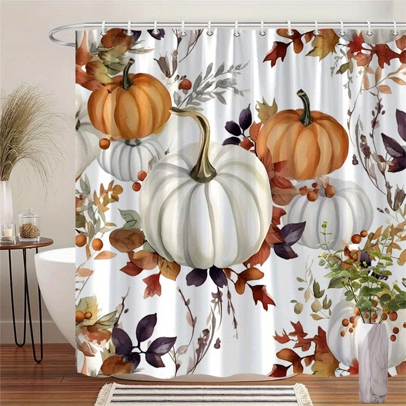 

Цельная занавеска для душа с тыквенным листом и ягодами, полиэфирная ткань, можно стирать в машине, подходит для украшения отеля в ванной комнате