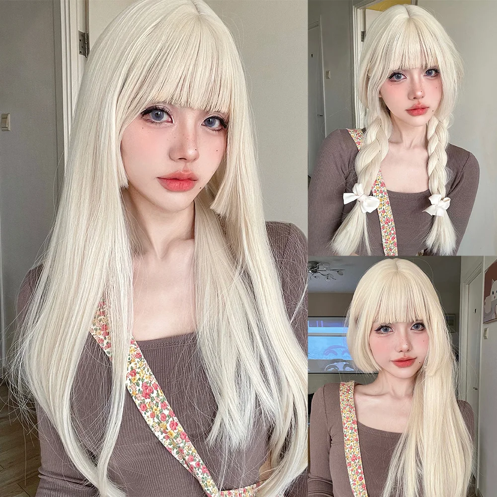 26Inch Blonde Platinum Golden Synthetic Wigs With Bang Long Natural Straight Hair Wig for Women Hime Cut Cosplay Heat Resistant