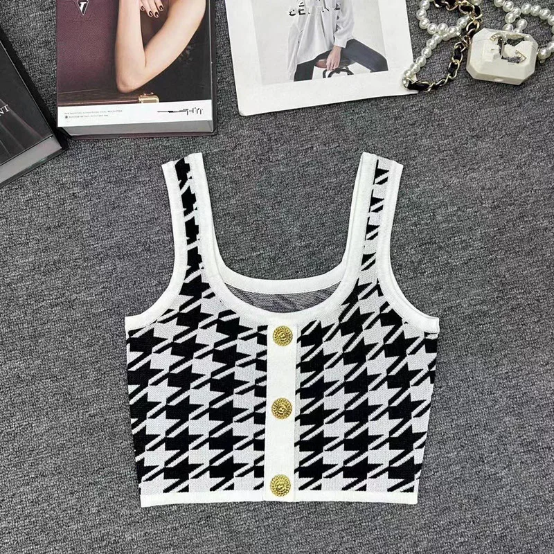 

Houndstooth Slim Knit Vests Women's Crop Tops 2024 Summer Sleeveless Gold Buttons Sexy Vintage Chic Streetwear Knitwear Tees