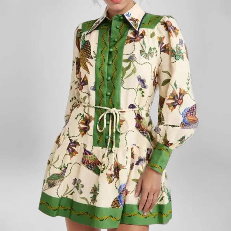 

2025 New Women's Tie-Waist Printed Lapel Long Sleeve Pleated Fashion Dress