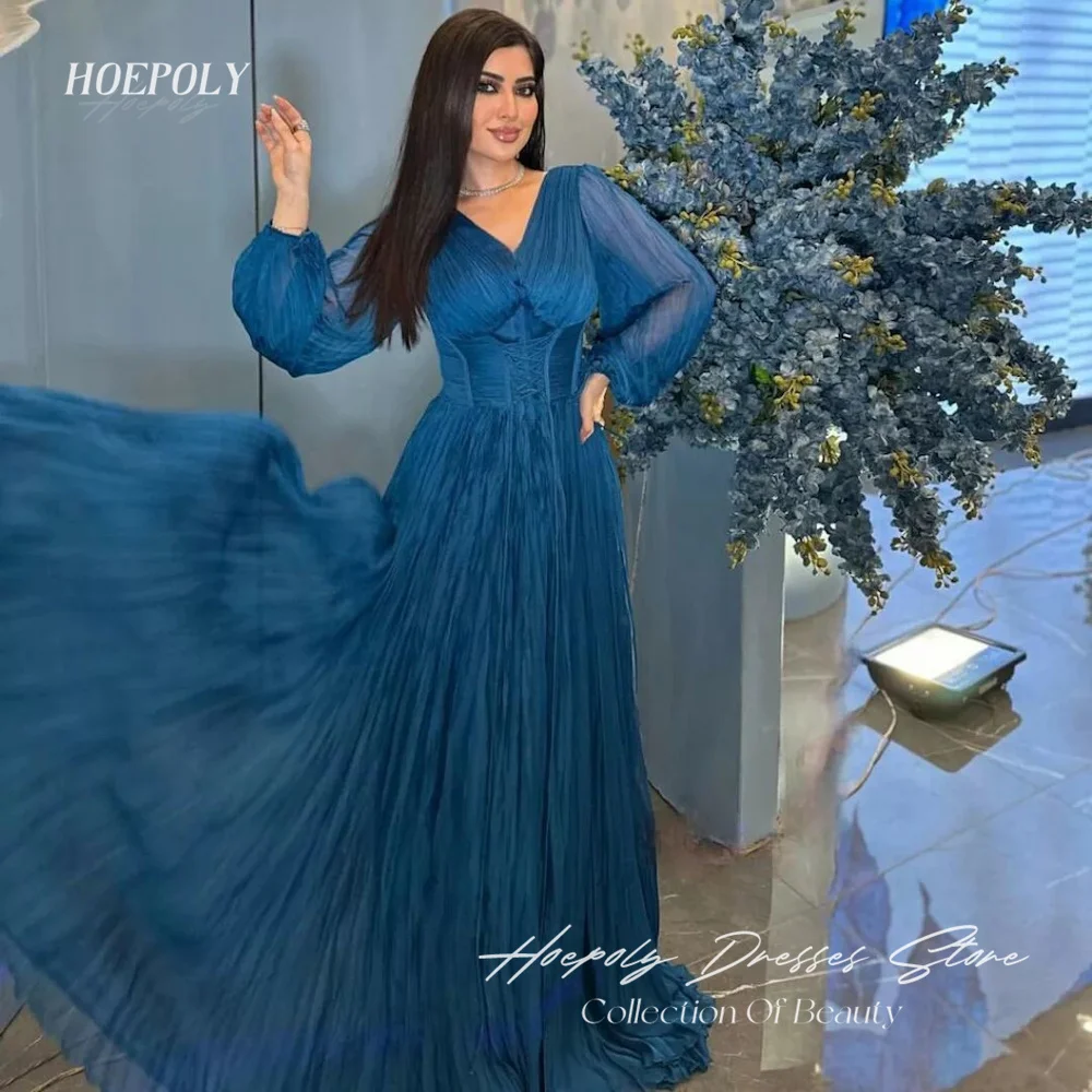 Hoepoly Chiffon A-line V-neck Ruffle Arab Prom Gown Floor-length Saudi Elegant Formal Evening Party Dress for Women 2023