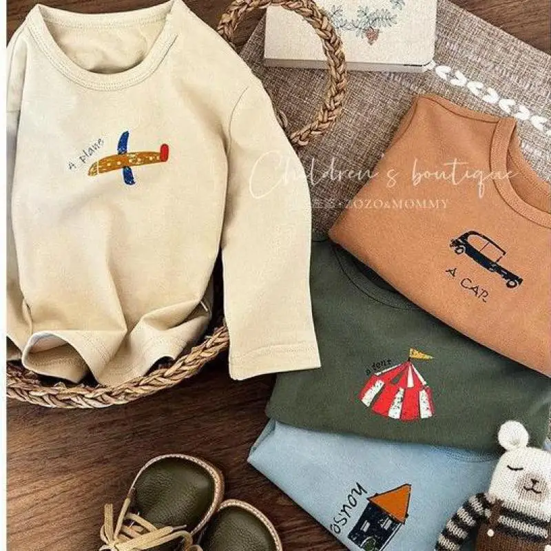 Autumn Base Shirt Fashion Casual New Style Round Neck Tops 1-6Age Kids Printing Tops Toddler Simple Loose Long Sleeve TShirt