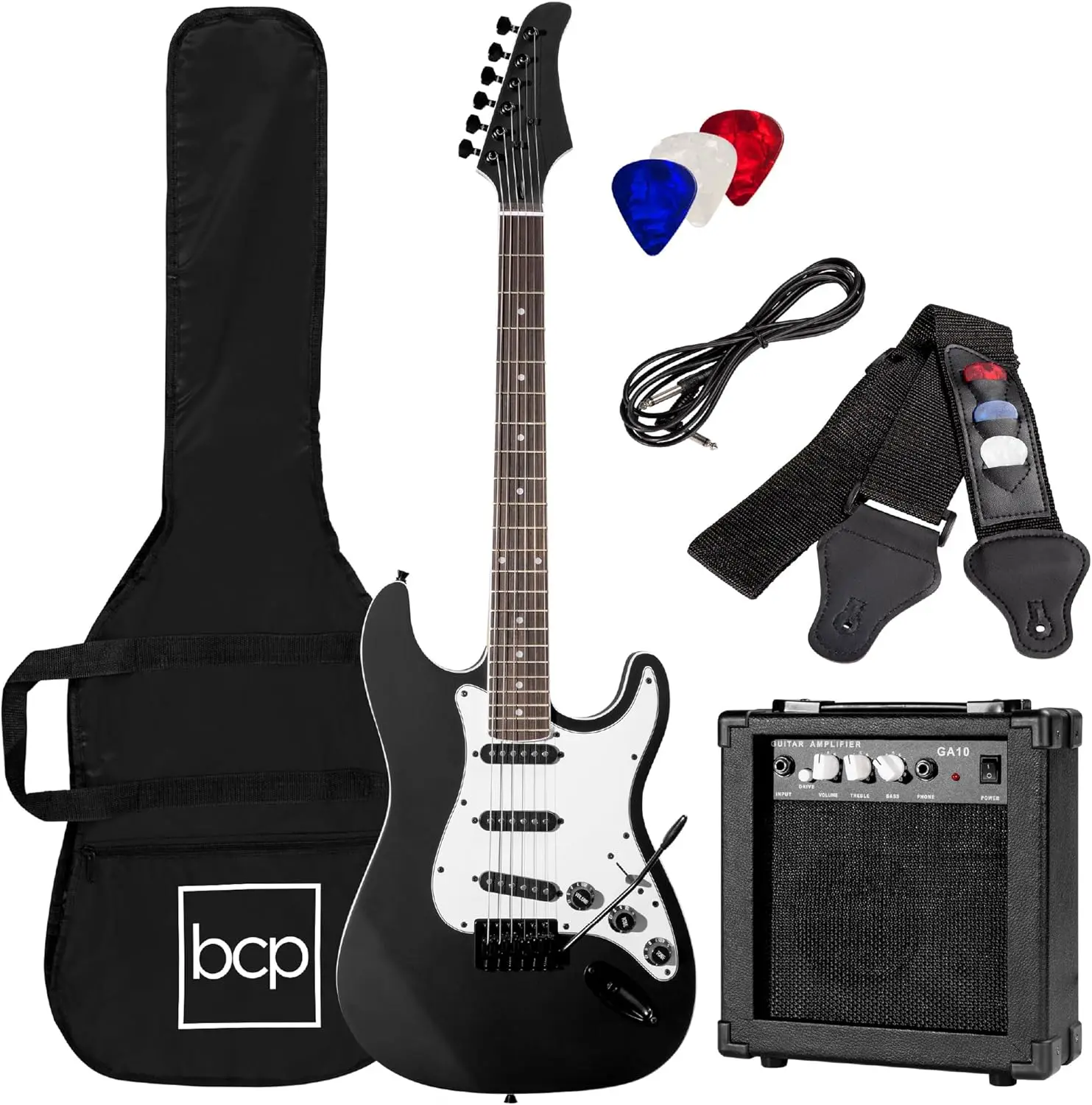 39in Full Size Beginner Electric Guitar Starter Kit w/Case, Strap, 10W Amp, Strings, Pick, Tremolo Bar - Je