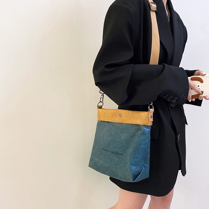 Women Fashion Handbags Vintage Shoulder Bag Tear-resistant Kraft Paper Messenger Bag Female Bucket Shoulder Bag