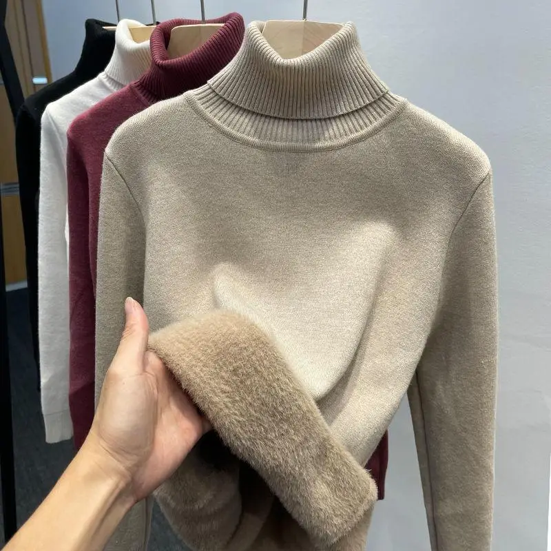 

GELITAYIN Long Sleeve Plush Warm Pullover Sweater Women Winter Turtleneck Base Women Knitted Sweaters Female Solid Fashion