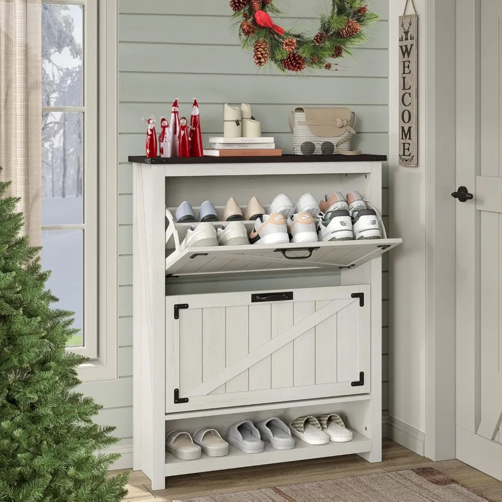 Shoe Cabinet with 2 Flip Drawers，Farmhouse Shoe Rack for Front Door Entrance Rustic White Shoe Cabinet Storage