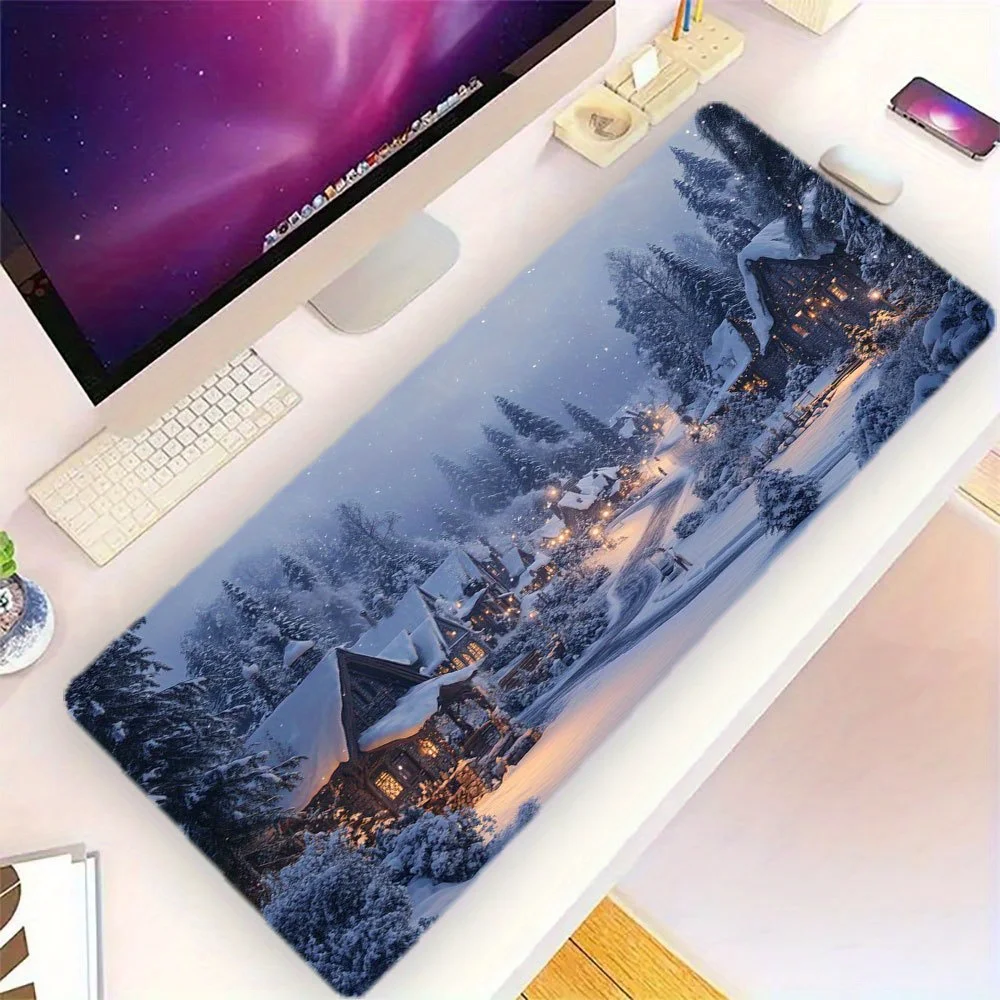 Winter Cabin Snow Scene Extended Desk Mat Large Non-Slip Rubber Mouse Pad for Keyboard and Mouse