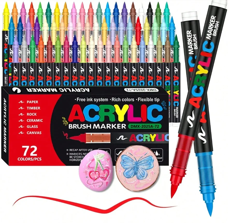 72-Color Direct Liquid Acrylic Marker Set, Multi-Color Soft-Tip Watercolor Pens, for Painting, Art, Anime, Art Supplies, Office Stationery, Markers, Outline Pens, Halloween, Christmas Gifts, Birthday Gifts