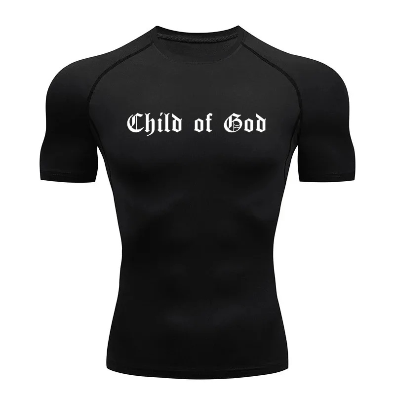 Letter Print Short Sleeve Compression Shirts for Men Athletic Quick Dry Tees Tshirt Christian Gym Workout Running Undershirts