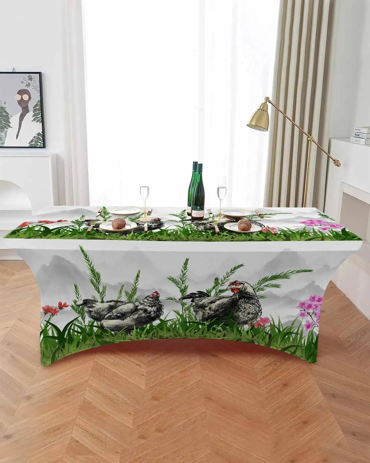 Chicken Plant Ink Painting Elastic Table Skirt Wedding Hotel Birthday Table Cover Buffet Table Tablecloth Decor