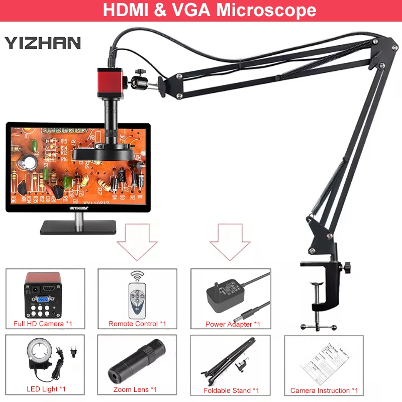 Zoom 150x Microscópio Industrial Full hd Câmera Ccd Porta Vga e Hdmi Suporte de Metal Ajustável Solda Pcb Reparação Telefônica