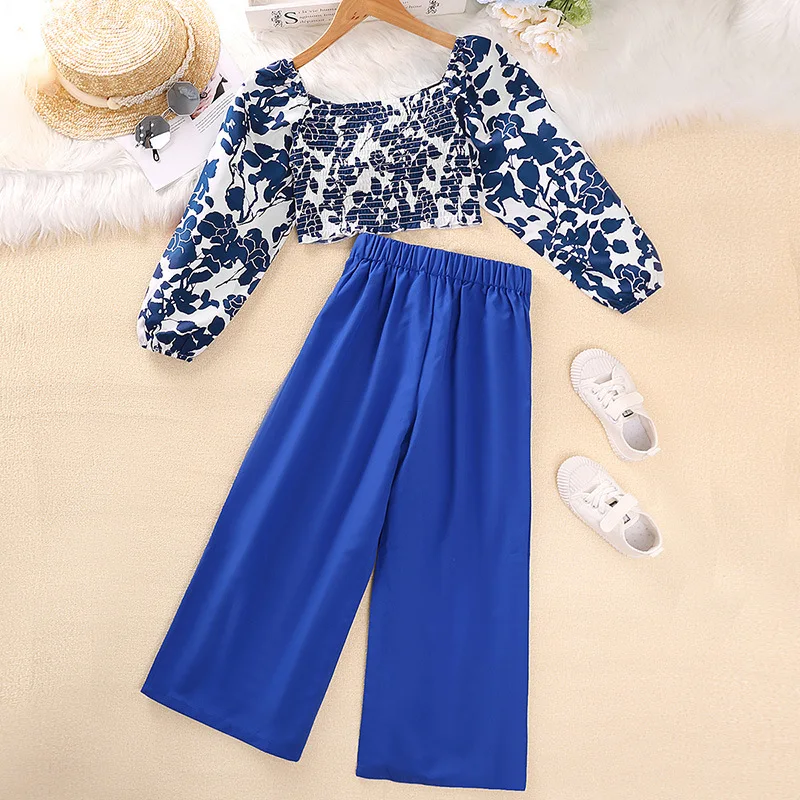 Zhongda Children's Clothing 2023 New Broken Flower Pleated Top Wide Leg Pants Two Piece Girls' Spring Dress Set