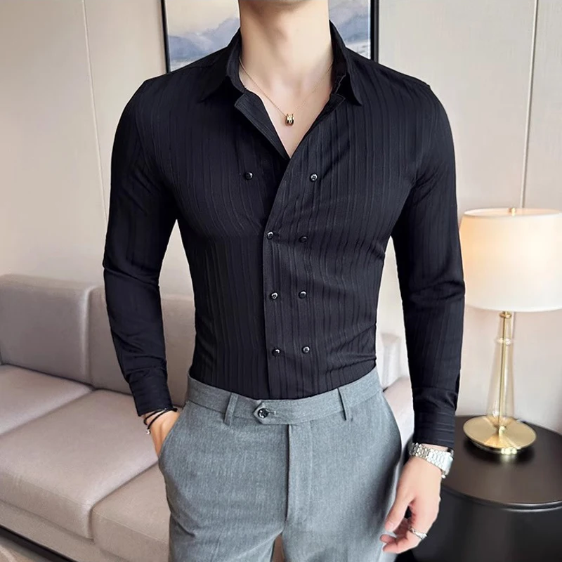 Double-breasted Camisa Masculino De Luxo Autumn Long Sleeve Slim Fit Striped Shirts Men Party Wedding Lapel Men's Dress Shirt
