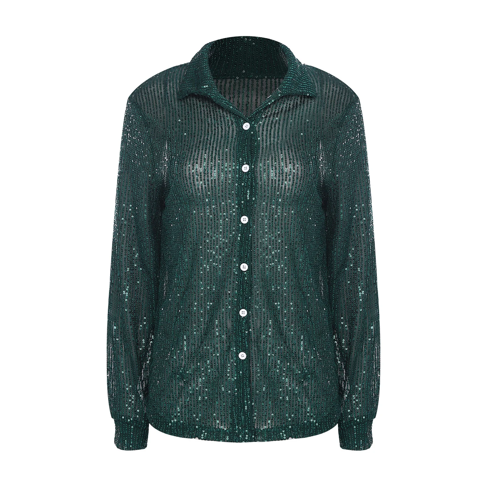 

Womens Shiny Sequined Mesh See Through Shirt Lapel Long Sleeve Button-down Blouse Cardigan Cover-up Top for Club Party