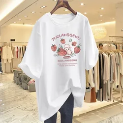 Women's Lovely Chic Strawberry Pure Cotton Short Sleeved T-shirt  Summer New Casual Loose Bow Knot O-Neck Tees Lady Basic Top