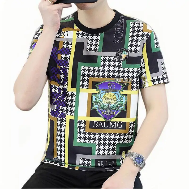 

NF&ZG Short-sleeved T-shirt men's summer printed round neck plaid half-sleeved trendy T-shirt 2025 trendy ins new tops