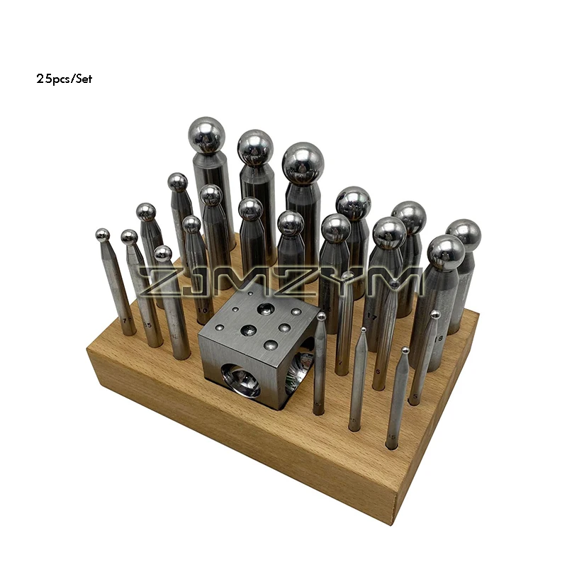 25Pcs High Quality Steel Dapping Punch Doming Block Punches Kit for Jewelry Metal Round Beads Forming Making with Wooden Base