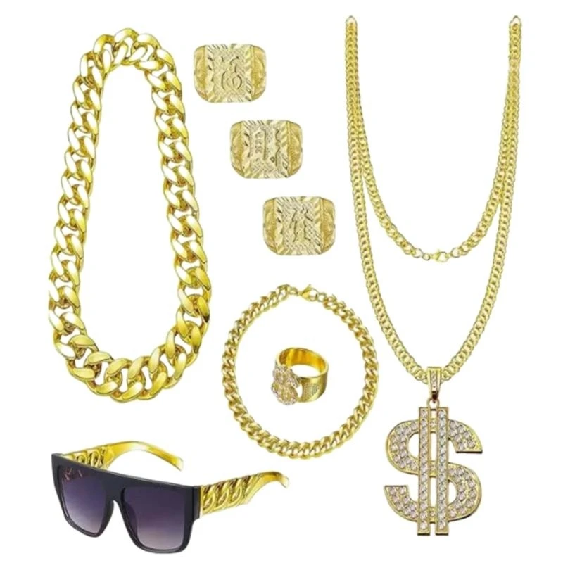 

8Pcs Hip Hop Costume 80s/90s Outfits Cool Rapper Accessories Sunglasses Gold Plated Dollar Sign Chain Rings Necklace