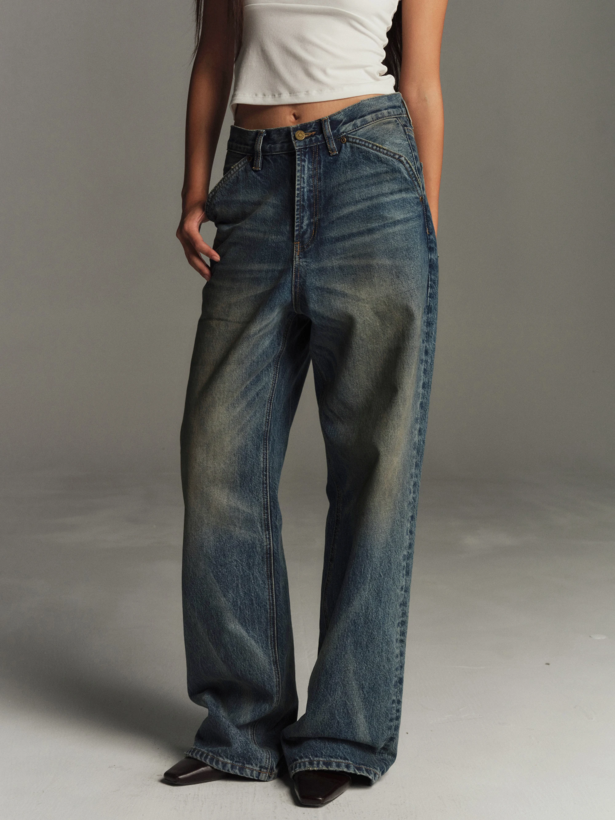 

Джинсы Joeyono с низкой талией и широкими штанинами, женские, свободного кроя, винтажные, с эффектом потертости, с кожаной нашивкой, летние, из хлопка, прямого кроя