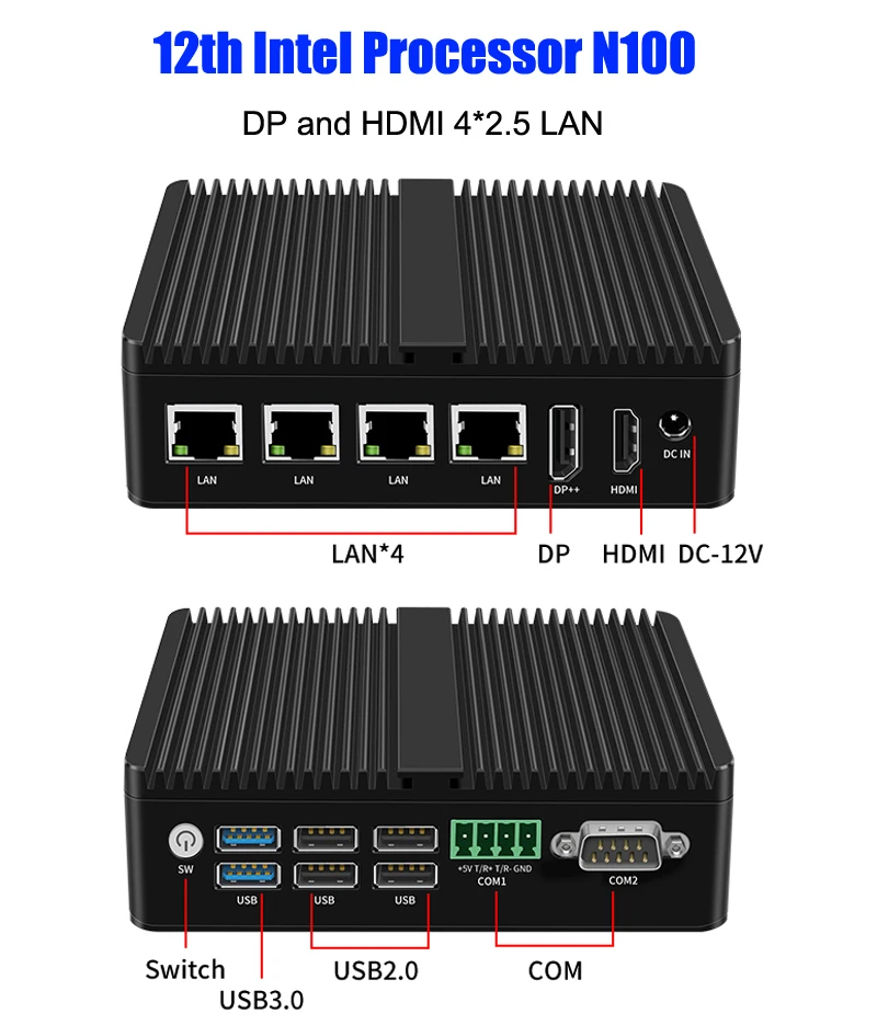 كمبيوتر صغير بدون مروحة صناعي ، إنتل رباعي النواة ، كمبيوتر لجدران نارية Pfsense ، جهاز توجيه لين ، N100 ، J6426 ، 4 * LAN ، G ، 2 * COM ، RS485 ، RS232 ، Win11