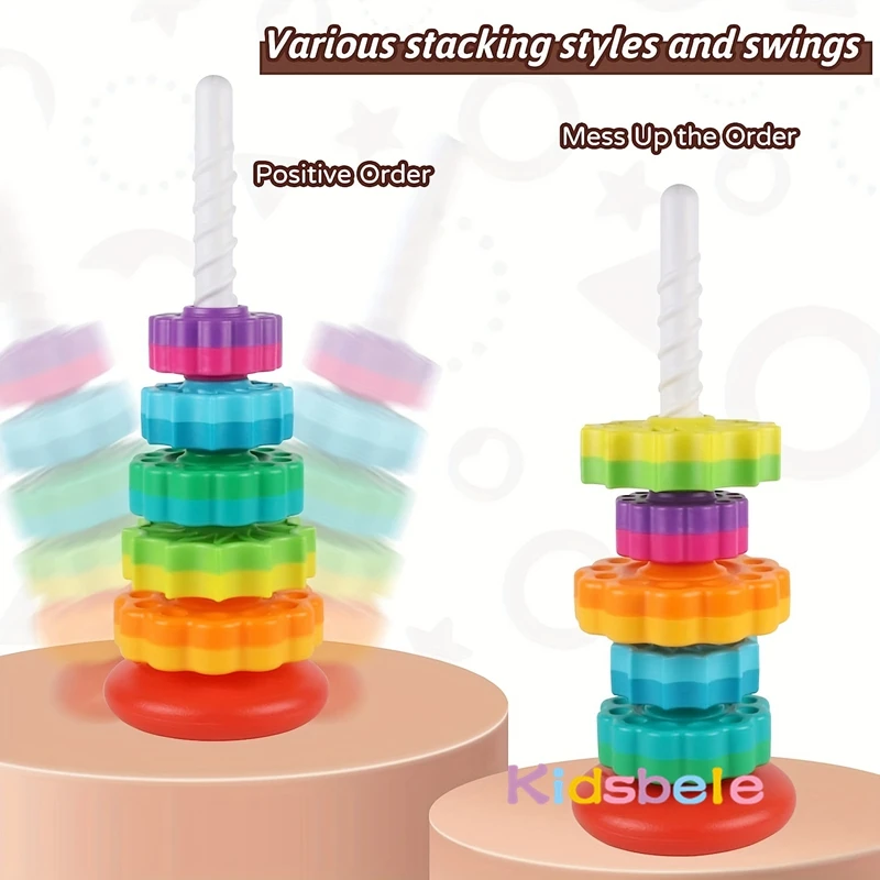 Baby Spinning Stacking Sensory Toys Colorful Rainbow Tower Montessori Fine Motor Skills Ring Toy Party Birthday Gift For Infants