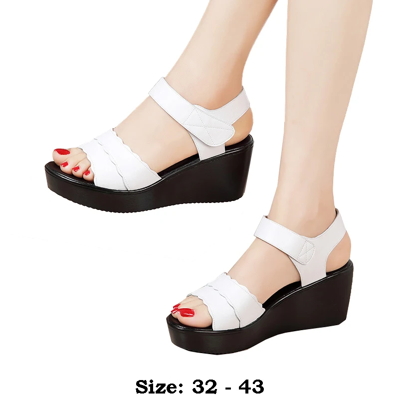 

High quality summer wedge leather sandals for women 6cm high heel 2024 size 32 33 43 platform open toe elegant shoe black white