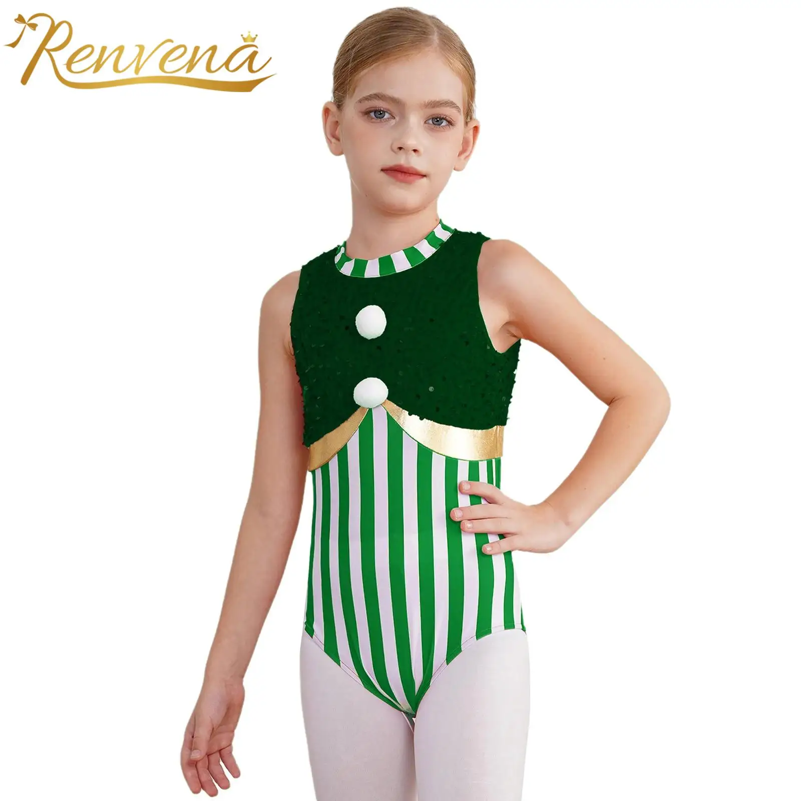 Girl Christmas Costume Sleeveless Stripes Sequins Bodysuit Figure Skating Jumpsuit Party Candy Cane Costume 2025 New Year Gift