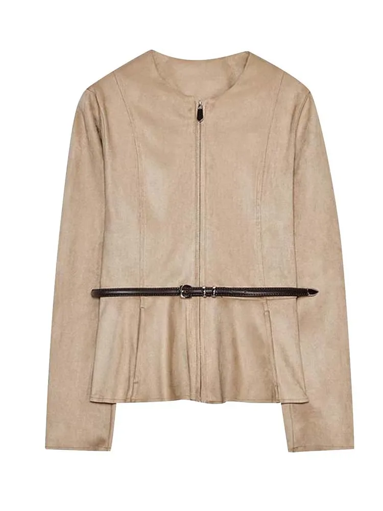 Femmes Vintage veste en daim 2025 automne nouvelle mode col rond à manches longues avec ceinture manteau femme haute rue à manches longues nouvelles vestes