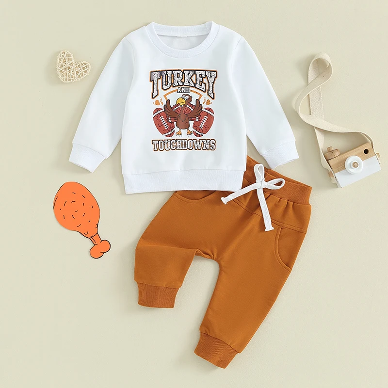 

Toddler Infant Baby Boy Thanksgiving Outfit Clothes Turkey Sweatshirt Pullover Top Elastic Waist Pants Set