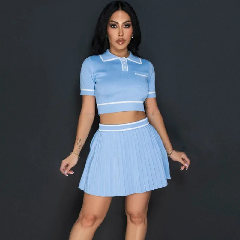 Striped Knit Matching Set Women Two Piece Set Club Party Crop Top and Pleated A-line Mini Skirt Sets Enseble 2 Pieces Femme