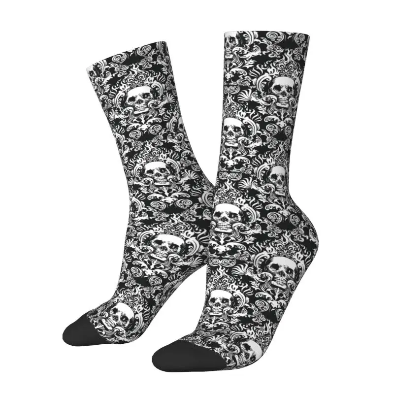 Vintage Halloween Black Victorian Gothic Skull Damask Dress Socks Men's Women's Warm Fashion Novelty Crew Socks