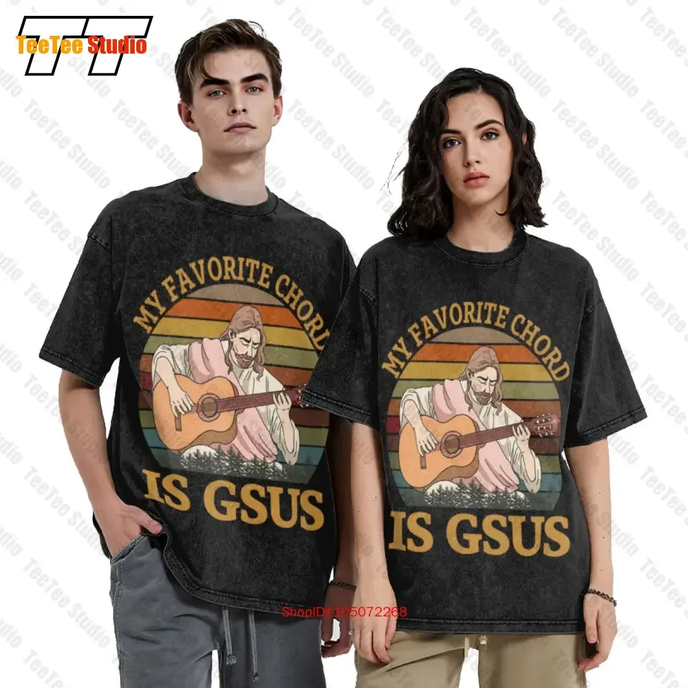 My Favorite Chord Is Gsus Funny Jesus Playing Guitar Vintage Mens Vintage Oversized T-Shirt RSJO