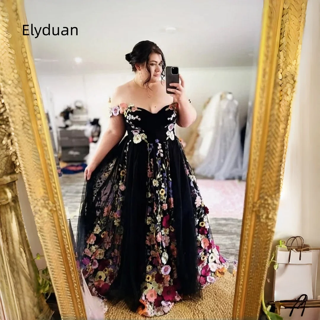 Plus Size Black Tulle Prom Dress Off Shoulder Sweetheart 3D Colorful Floral Appliques A Line Formal Evening Gown Customized