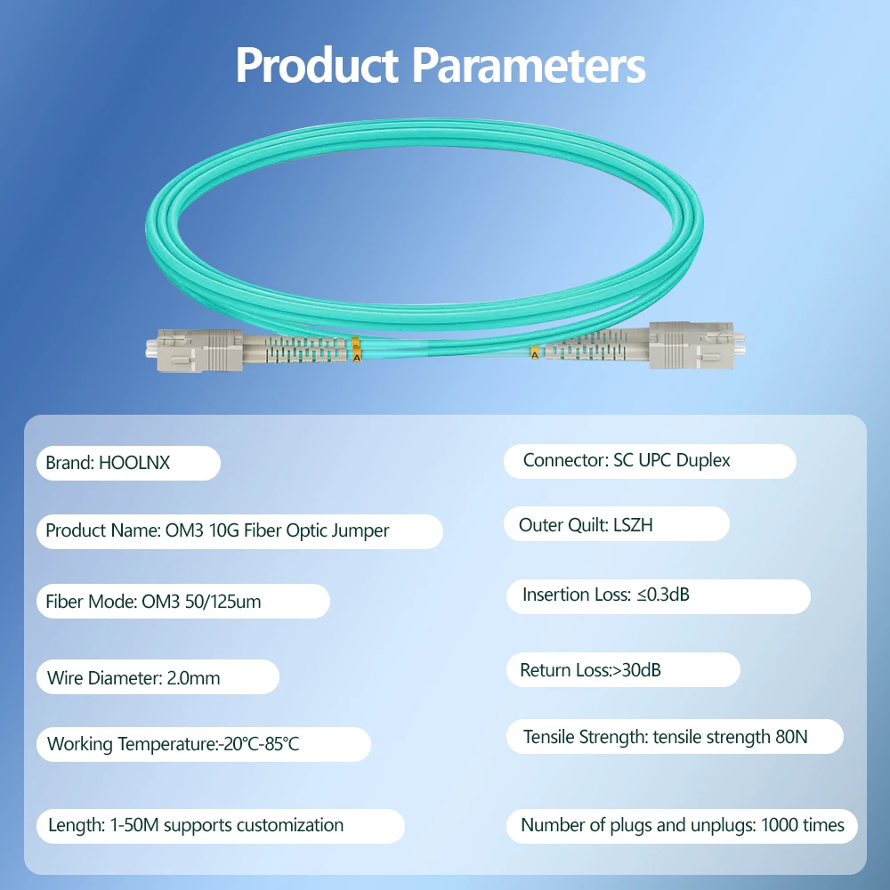 HOOLNX OM3 SC to SC UPC Duplex Multimode Fiber Optic Patch Cable, 50/125μm, LSZH 2.0mm, Bend Insensitive, Custom Length 0.5-100m