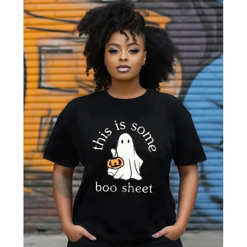 

Футболка на Хэллоуин, мультяшный принт призрака Хэллоуина, черная футболка, повседневный наряд для родителей и детей