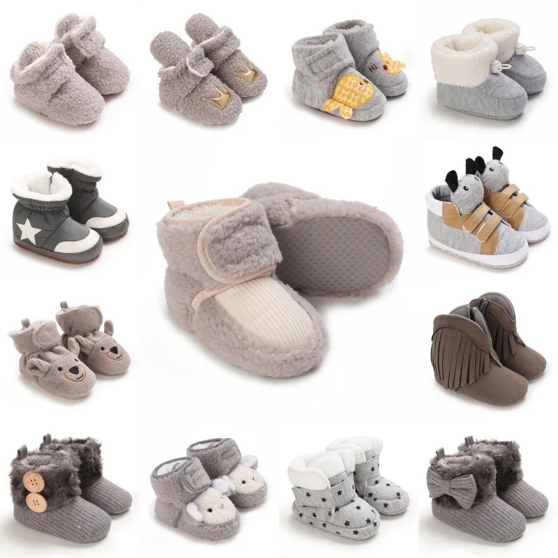 Winter Grey Baby Cute Cartoon Shoes for Boys and Girls Walking Shoes Comfortable and Soft for Preschool Age 0-18M Newborn Warm