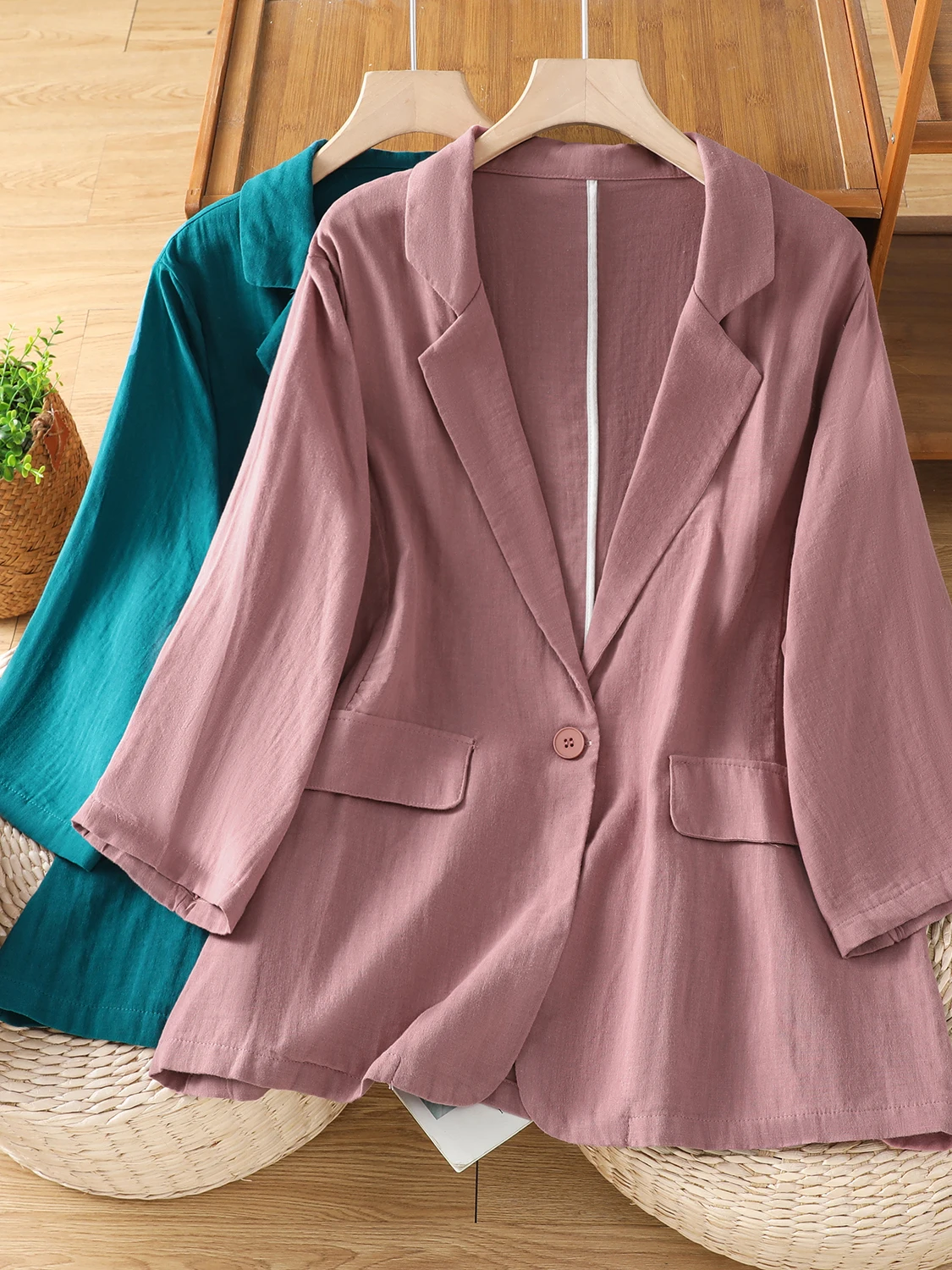 بدلة نسائية غير رسمية من القطن والكتان طويلة Sve Jaet خريف جديد Sle فني مقاس كبير قطع مستقيمة بزر واحد للإغلاق