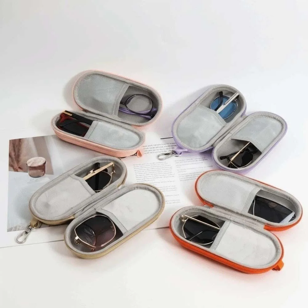 Waterproof PU Dual Slot Glasses Pouch Anti Crush Zipper Closure Sunglasses Case Hangable Hook Soft Lining Eyewear Organizer